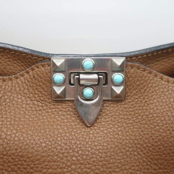 Valentino Rolling Rockstud Guitar Strap Flip-Lock Messenger Bag Brown Leather - Picture 5 of 16